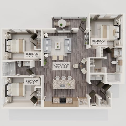 Floor plan for 3 beds, 2 baths, 1369 sqft
